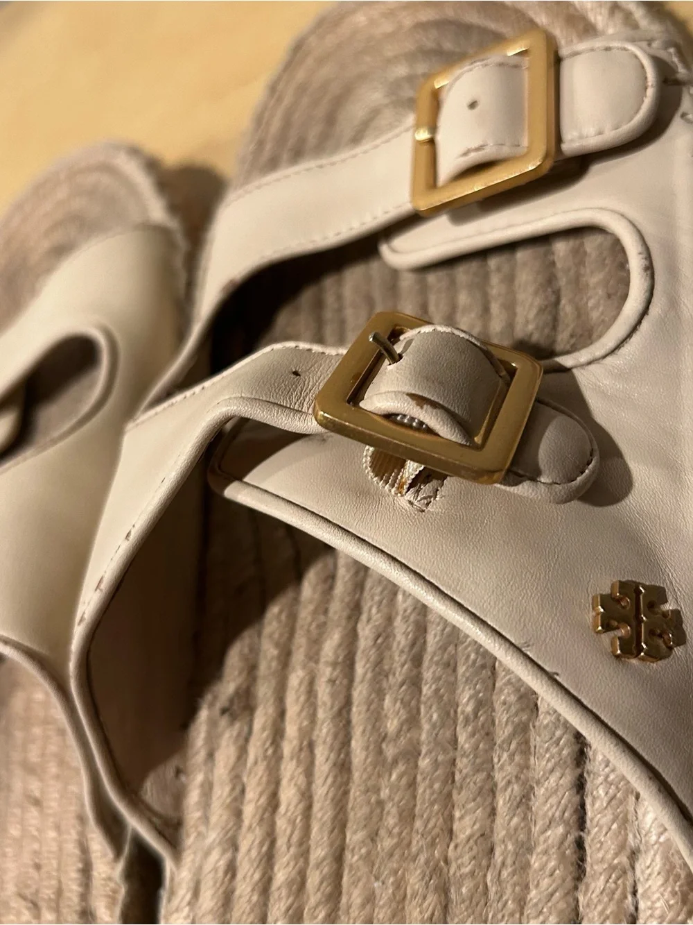 Tory Burch cream leather double buckle slide espadrilles in size 11